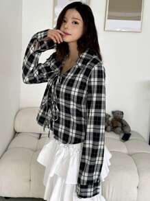 DAZY Women's Regular Collar Black & White Plaid Long Sleeve Bowknot Blouse, Spring/Summer/Autumn Cute Tops