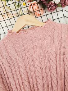 Calvaya Plus Size Women Solid Frill Trim Round Neck Puff Sleeve Casual Sweater Dress, Autumn/Winter - Dusty Pink - View 5