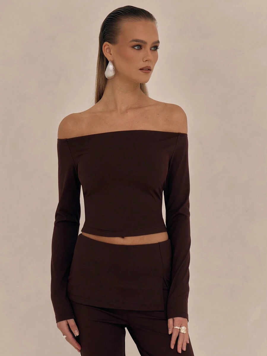 MUSERA 性感不对称领长袖上衣，适合度假、春夏秋季穿着。 - 棕色 - 查看 1