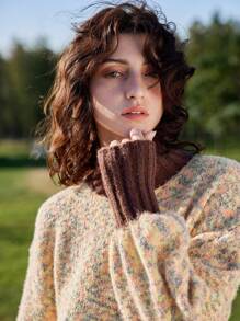 Skyraze Suéter de manga larga con cuello alto, con bloques de color y rayas trimmings - Multicolor - Ver 5