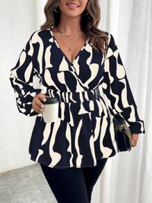 Celure Long Sleeve Wrap Collar Criss-Cross Umbrella Hem Geometric Print Shirt Peplum Top