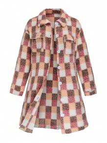Calvaya Jaket Fleece Teddy Kasual Wanita Ukuran Besar dengan Motif Seluruh Permukaan, Bahu Jatuh Longgar, Saku Lipat, Musim Gugur/Dingin - MultiWarna - View 7