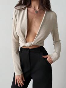 Aloruh Élégant Top pull abricot avec décolleté plongeant sexy et décoration torsadée, t-shirt manches longues polyvalent