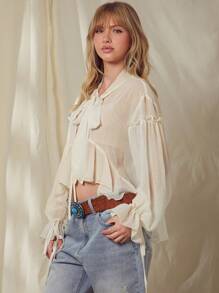 WESTFADE Neck Scarf Tie Ruffle Peplum Long Bow Sleeve Crop Top Spring Summer Vacation - Cream - View 6