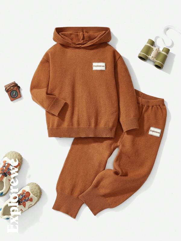 SHEIN Set de 2 piezas: Sudadera con capucha de punto informal y pantalón de chándal de punto para niño pequeño, con emblema, apta para ciudad, ocio, uso diario, reuniones familiares, fotografía y otras ocasiones, otoño/invierno