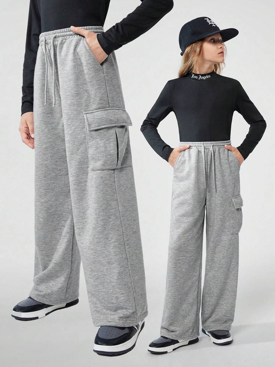 SHEIN Tween Girls Casual Street Style Solid Color Drawstring Waist Flap Pocket Loose Cargo Sweatpants
