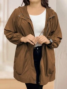 Calvaya Plus Size Jednolity kolor Zamek błyskawiczny z przodu Długi rękaw Kieszeń Minimalistyczna swobodna bluza z kapturem