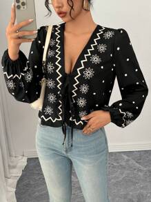 Chiquease Deep V Neck Front Button Tie-Up Symmetric Print Long Sleeve Blouse, Suitable For Spring And Autumn Women Shirt - Black - View 5