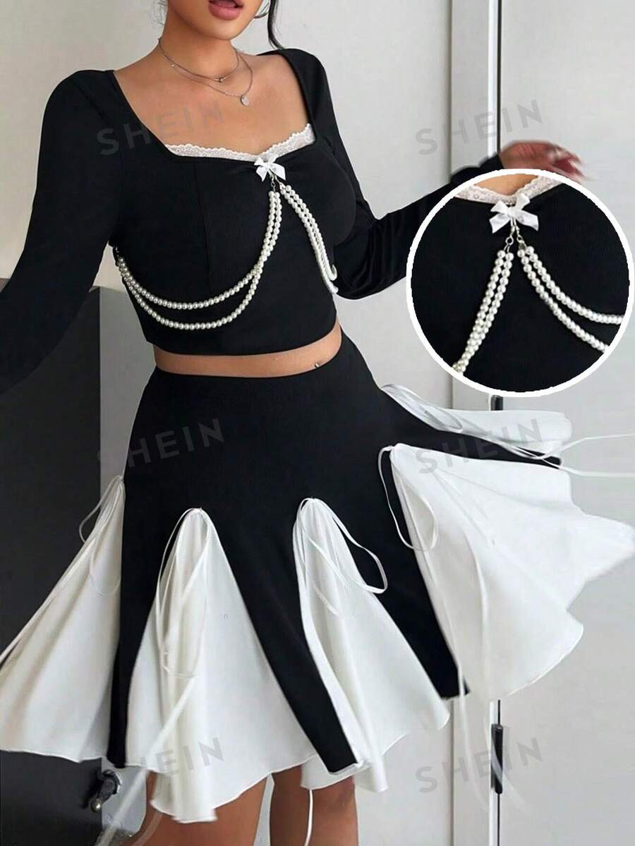 Flirla Conjunto de dos piezas para mujer de top corto con contraste de encaje, cuello cuadrado y lazo, con cadena de perlas falsa en estilo de sensualidad francesa de talla grande; y minifalda negra con volante calado y contraste de malla