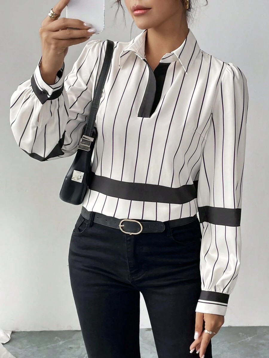 SHEIN Unity 女士条纹泡泡长袖休闲宽松衬衫,秋季 - 彩色 - 查看 1