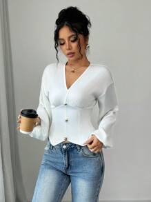 Elenzga Women's Elegant Fashion Commute Long Sleeve V-Neck Waisted Gold Button Solid Color Satin Blouse