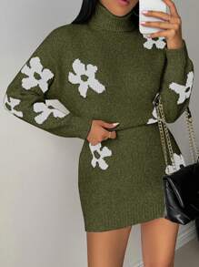 Chiquease Women's Elegant Floral Pattern Turtleneck Drop Shoulder Loose Fit Sweater Dress, Autumn/Winter - Green - View 3