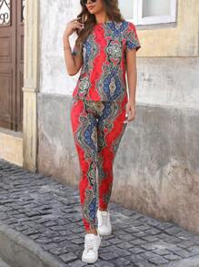 SHEIN LUNE Bộ 2 món/Bộ áo thun cổ tròn tay ngắn in họa tiết toàn thân và quần dài, trang phục thường ngày - Nhiều màu - Xem 1