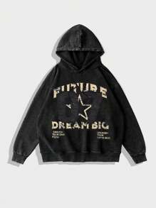 ROMWE MEN Prep Men's Letter & 5-Pointed Star Print Long Sleeve Drawstring Hoodie Sweatshirt, Autumn