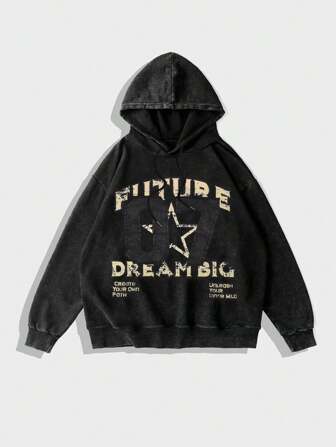 Prep Sudadera con capucha de manga larga con cordón, con estampado de letra y estrella de cinco puntas, para hombre, otoño