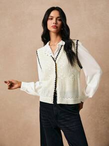 Poéselle Damski swobodny kontrastowy kolor wykończenia Hollow Knit sweter kamizelka na jesień