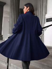 Celure Plus Size Chinese Style Stand Collar, Button Design, Waist Gathered A-Line, Tweed Knee-Length Coat - Navy Blue - View 2