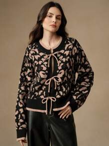 Anewsta Áo len cardigan dệt kim cổ tròn tay dài họa tiết da báo thắt nơ, thanh lịch cho năm mới dành cho nữ - màu đen - Xem 7