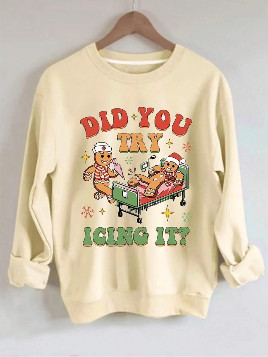 SHEIN EZwear 女士圣诞图案宽松圆领抓绒套头衫秋季卫衣 - 杏色 - 查看 1