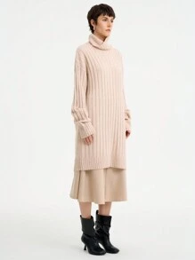 SHEIN LUNE 休闲女式高领宽松毛衣连衣裙 - 杏色 - 查看 5