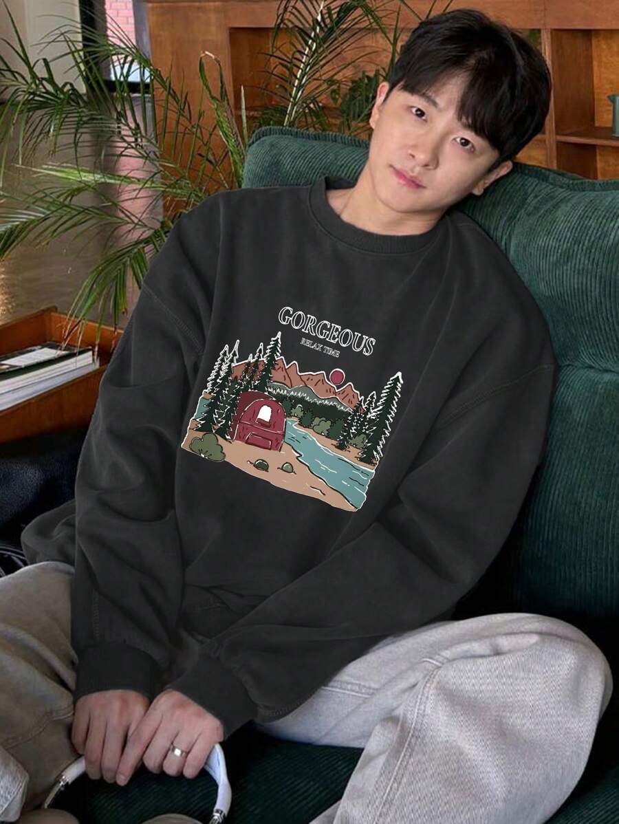 DAZY Men's Casual Letter & Plant Graphic Crew Neck Long Sleeve Pullover Sweatshirt, Autumn/Winter - Grey - View 1