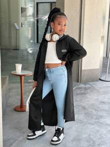 Tween Girls' Cool & Long Black Full-Length Hoodie Loose Windbreaker Jacket