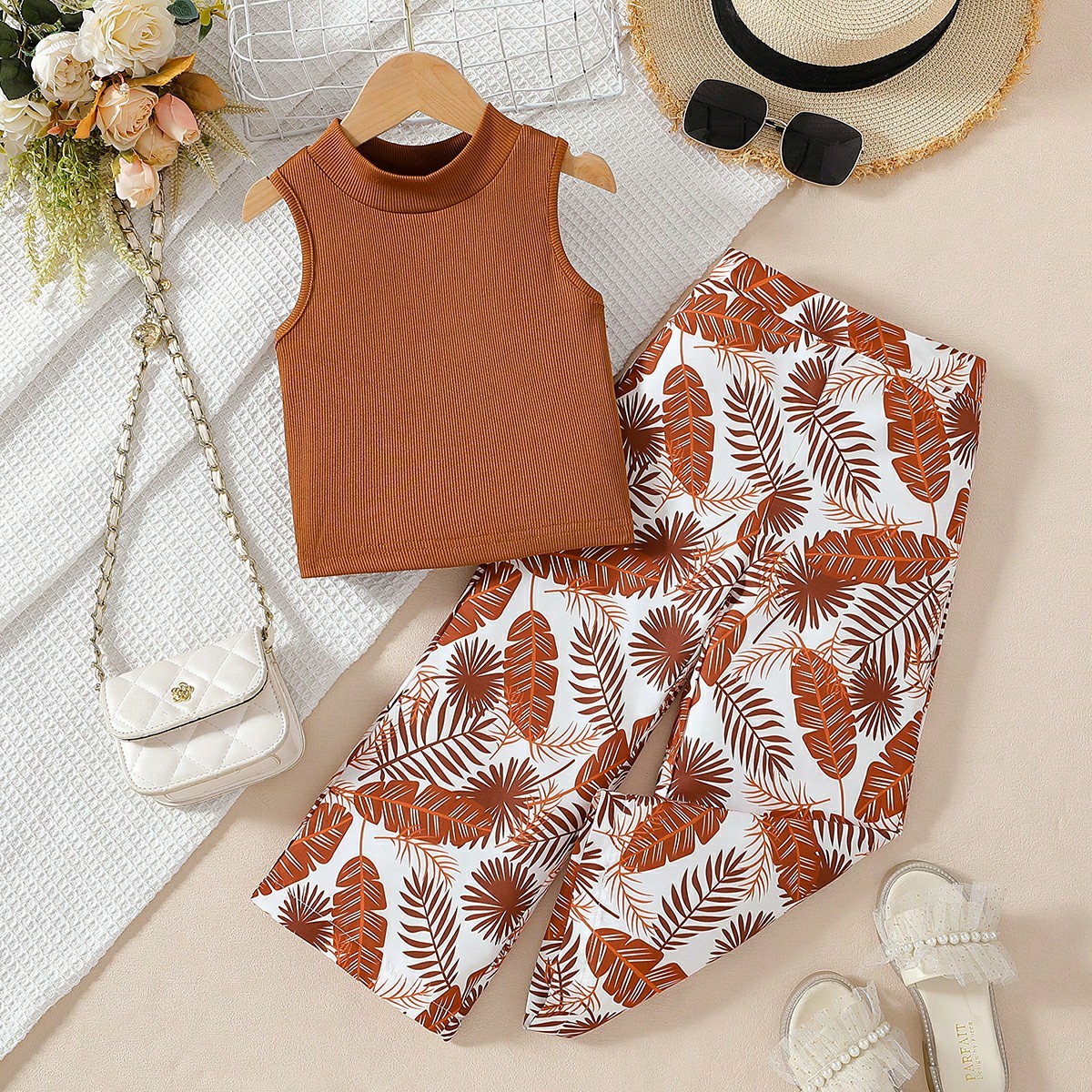 Conjunto de 2 piezas de camiseta y pantalón holgado de cintura elástica para niñas pequeñas, ideal para verano, playa, viajes y vacaciones