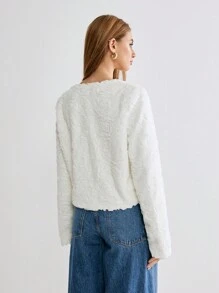 Enchnt Women's White Elegant Round-Neck Small Fragrance 3D Jacquard Rose Fluffy Button Short Jacket,Long-Sleeved Winter Coats For Tea Party,Date,Christmas - White - View 4