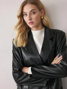 BizChic Fashion Commute Black Lapel PU Leather Double Breasted Jacket - Black - View 5