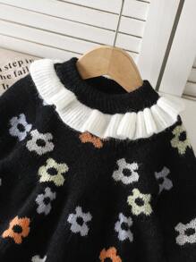 SHEIN 6-9M Baby Girls Warm Floral Pattern Ruffle Hemline Knitted Dress, Winter - Black - View 7