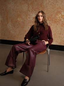 MOTF PREMIUM PU LEATHER WIDE LEG SUIT PANTS - Burgundy - View 2