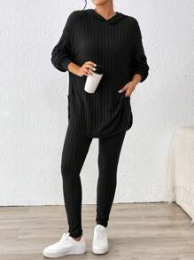 SHEIN Essnce Women Outfit Sets Black Velvet Sweatshirt Hooded Long-Sleeved Warm Tight Leggings Women's Casual Striped Hooded Top Leggings Winter - Black - View 5