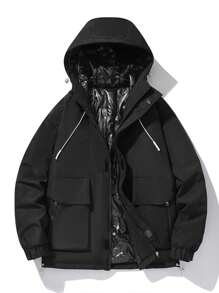 Manfinity Sport Corelite Men's Solid Color Front Zipper Long Sleeve Pocket Simple Casual Hooded Padded Coat - Black - View 1