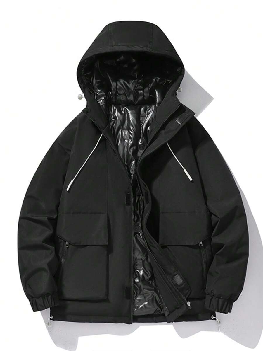 Manfinity Sport Corelite Men's Solid Color Front Zipper Long Sleeve Pocket Simple Casual Hooded Padded Coat - Black - View 1