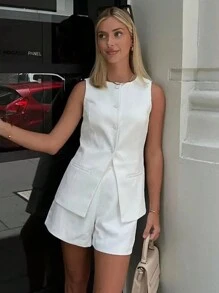 INAWLY Set de 2 piezas casual de mujer con chaleco de cuello redondo monobotonado de unicolor y pantalones cortos sueltos