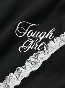 FRIFUL 女士宽松半襟蕾丝拼接字母印花卫衣