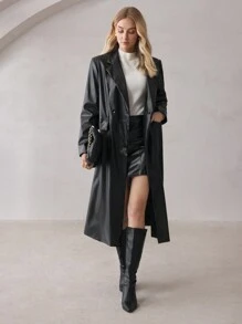 BizChic Fashion Commute Black Lapel PU Leather Double Breasted Jacket - Black - View 6