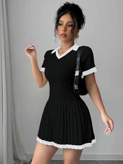 Elenzga Casual Contrast Color V-Neck Pleated Knit Sweater Dress