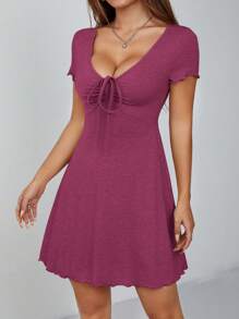 SHEIN PETITE 生菜饰边抽绳结前部夏季女装黑色连衣裙