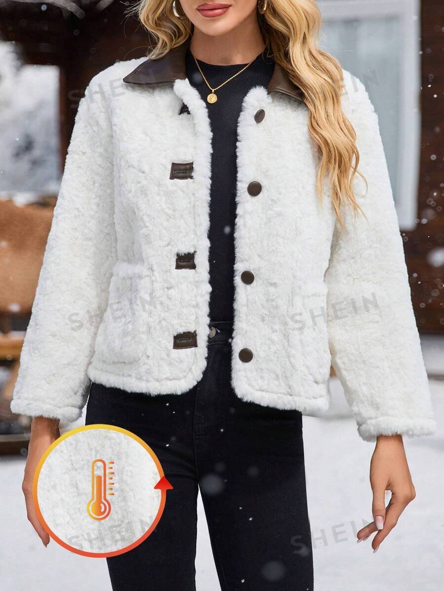 SHEIN Unity Abrigo casual con bolsillo de manga larga con botones delanteros y diseño simple para mujer