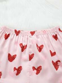 SHEIN Tween Girls Pink Cute Heart Satin Fabric Pants And Long Sleeve Casual Loose 2pcs Pajama Set