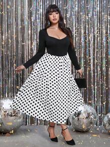 Franclia Plus Size Women Vintage Polka Dot Long Sleeve Dress, Black And White, Autumn