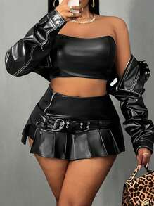 Slaydiva 大码/西装女士百褶迷你裙，节日、新年、情人节时尚 - 黑色 - 查看 3