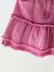 SHEIN Girls Pre-Teen Floral Ruffle Design Loose Cropped Top & Elastic Waist Two-Layer Ruffle Mini Skirt 2pcs Set - Hot Pink - View 5