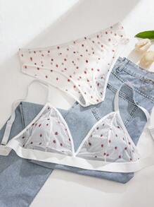 Plus Size Strawberry Printed Comfortable Wireless V-Neck Triangle Cup Bra & Panties Set, Lingerie - Multicolor - View 6