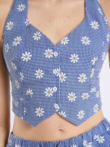 Comfortcana Women's Blue & White Plaid Daisy Embroidered Print Halter Tank Top And Relaxed Casual Pants Set In Fall/Winter