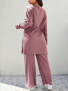 EURMUSE 2pcs Women Plus Size Casual Solid Color Round Neck Dropped Shoulder Long Sleeve Top & Pants Set, Autumn - Dusty Pink - View 2