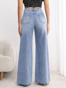EMERY ROSE Women's Button Front Pocket Casual Loose Wide Leg Jeans - Light Wash - View 2