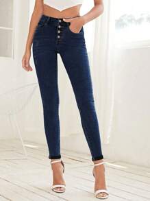 SHEIN Essnce Casual Thickened Slim-Fit Denim Jeans, Autumn/Winter - Blue - View 7