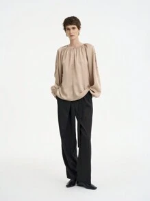 SHEIN Clasi Women's Elegant Fashion Commuting Long Sleeve Round Neck Decorative Button Plain Satin Blouse
